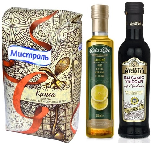 Масло оливковое, зерна киноа и бальзамический уксус